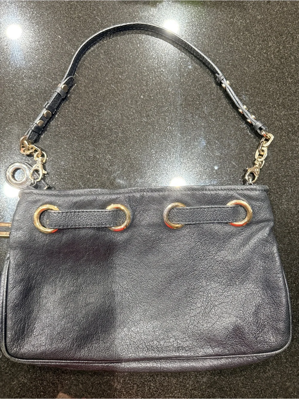 Jimmy Choo Black Leather Grommet Buckle Shoulder Bag Made in Italy